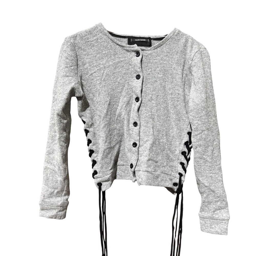 Calvin Rucker Sweater Womens XS Gray‎ Merino Wool Lace Up Side Button Cardigan